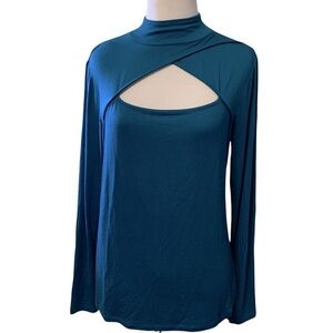 Michael Michael Kors Luxe teal long sleeve comfy top with cut out at upper chest